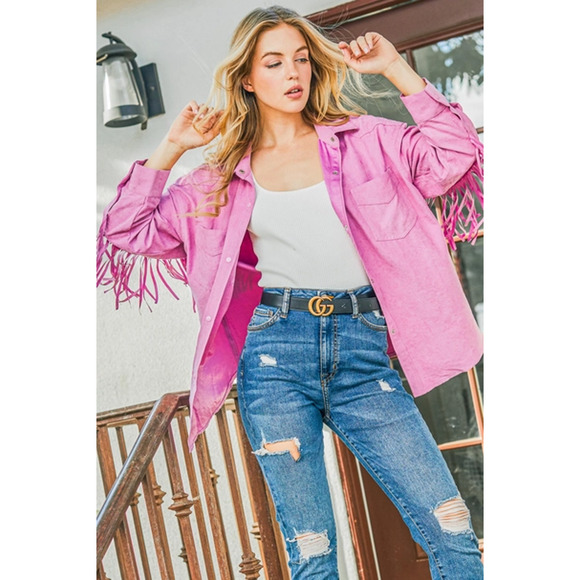 Mauve Pink Fringe Back Detailed Button Down Jacket Shacket - Picture 2 of 5